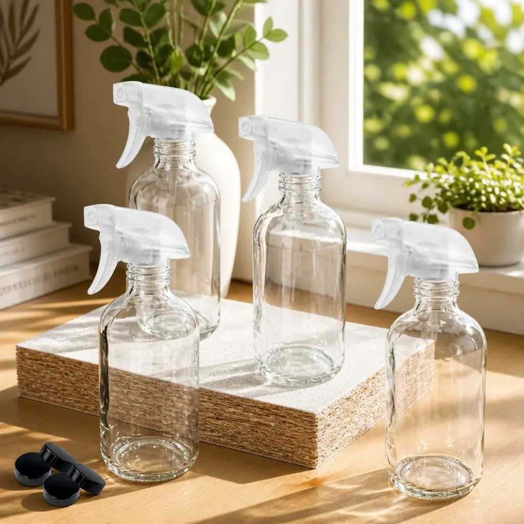 4x 500ml Clear Glass Spray Bottles Trigger Nozzle Fine Mist Stream Ergonomic
