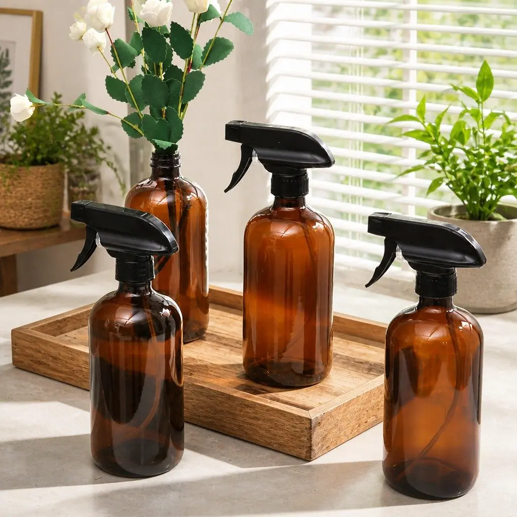 Amber Glass Spray Bottles for Cleaning and Plant Care 500ml Set of 4