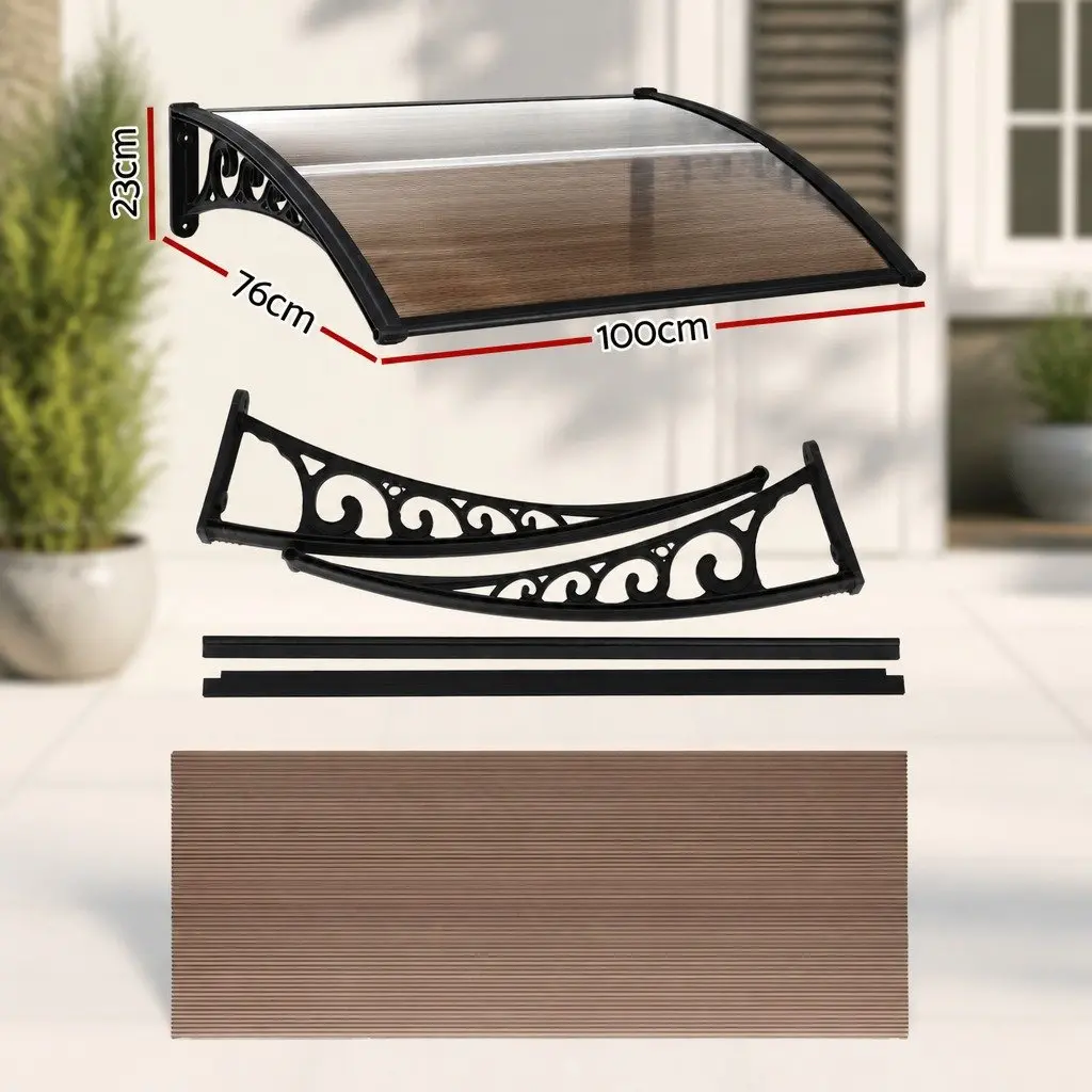 Awning for Window Door 0.8m x 1m PC Panel Hollow Shade Canopy Brown Black