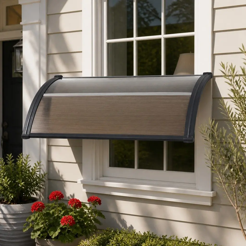 Awning for Window Door 0.8m x 1m PC Panel Hollow Shade Canopy Brown Black