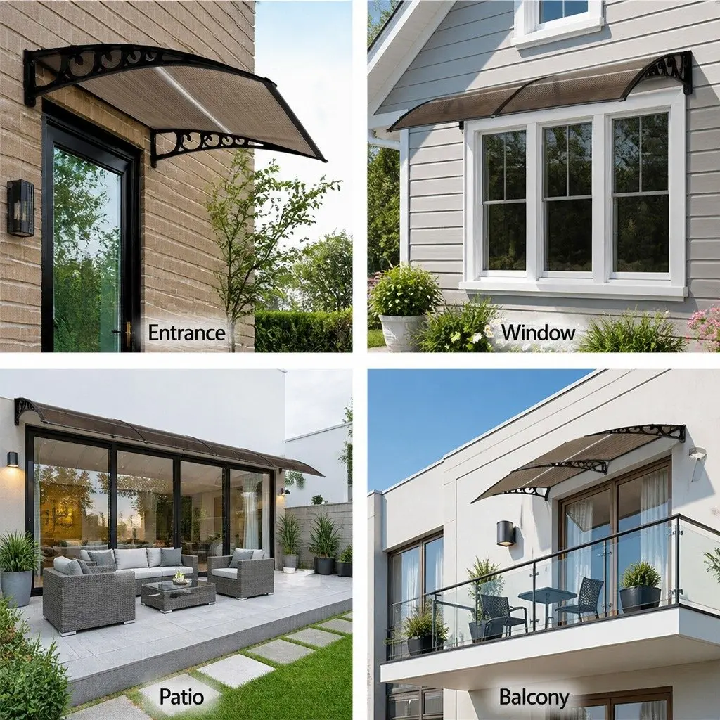 Awning for Window Door 0.8m x 1m PC Panel Hollow Shade Canopy Brown Black