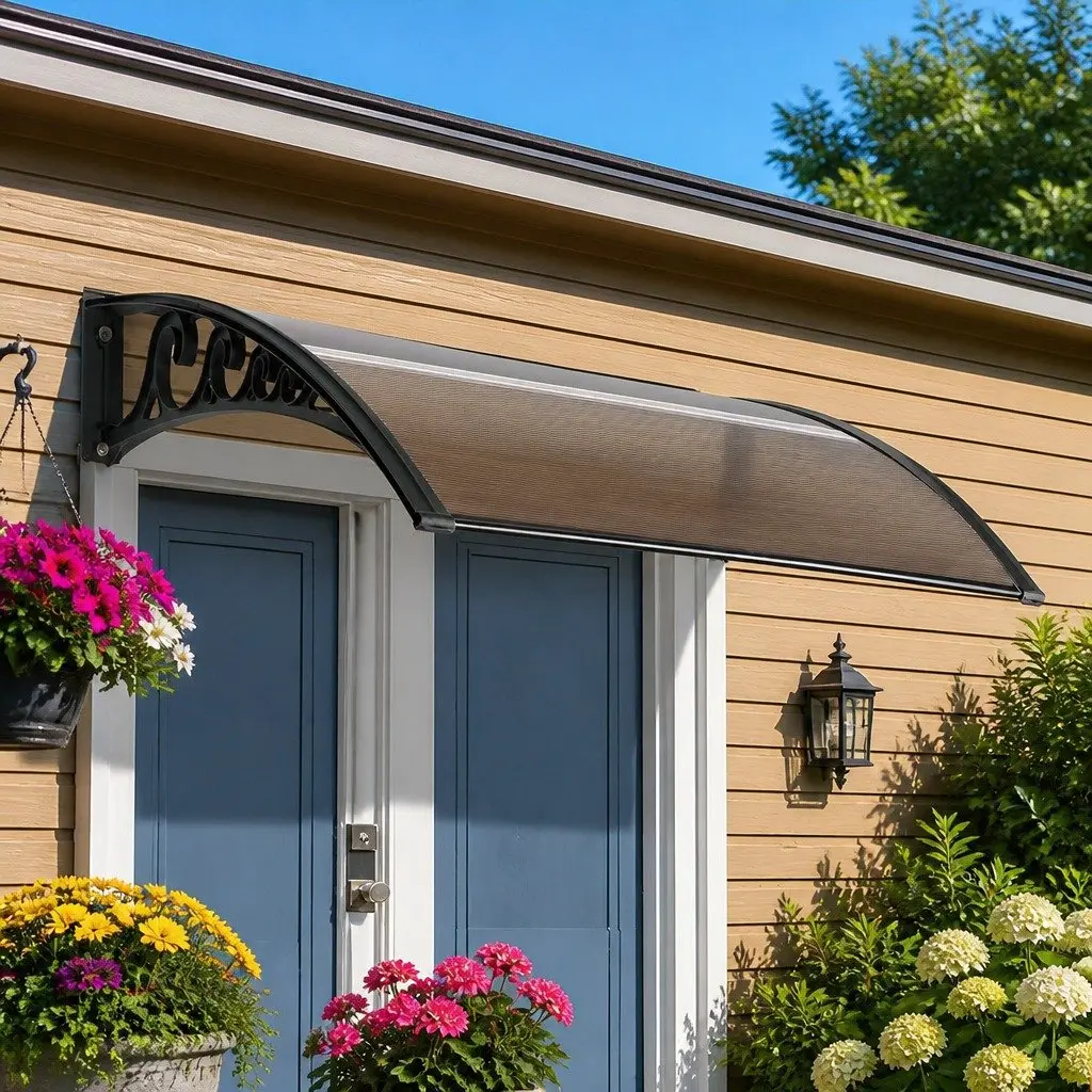 Awning for Window Door 0.8m x 1m PC Panel Hollow Shade Canopy Brown Black
