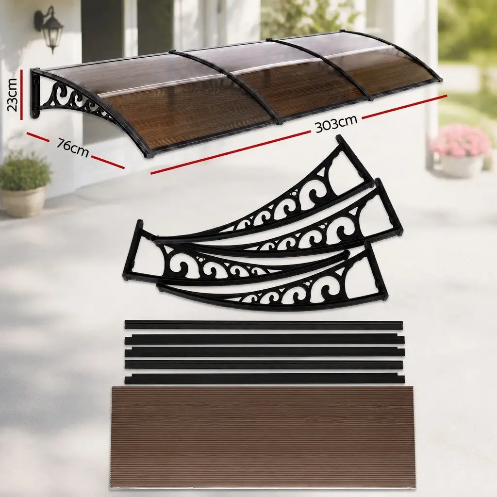Window Door Awning for Home Office 0.8m x 3m Brown PC Panel Polycarbonate Canopy