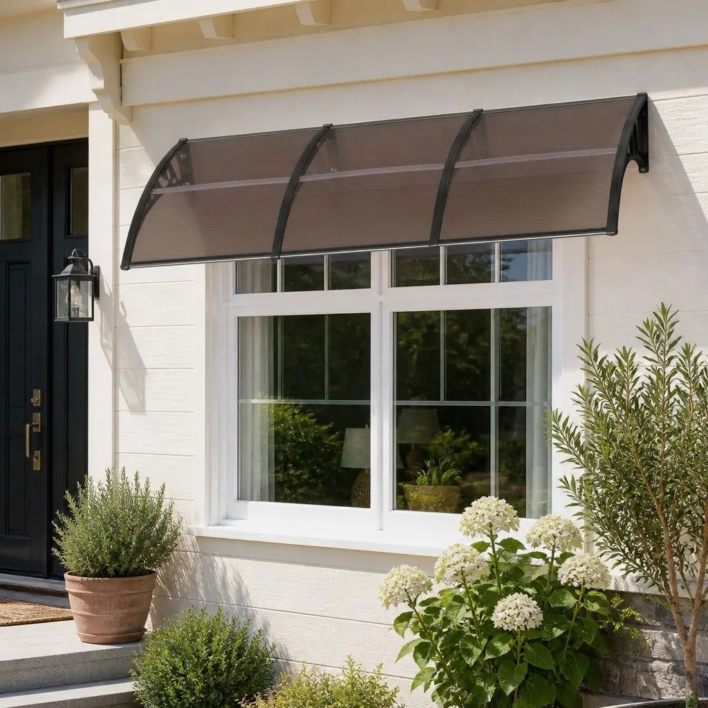 Window Door Awning for Home Office 0.8m x 3m Brown PC Panel Polycarbonate Canopy