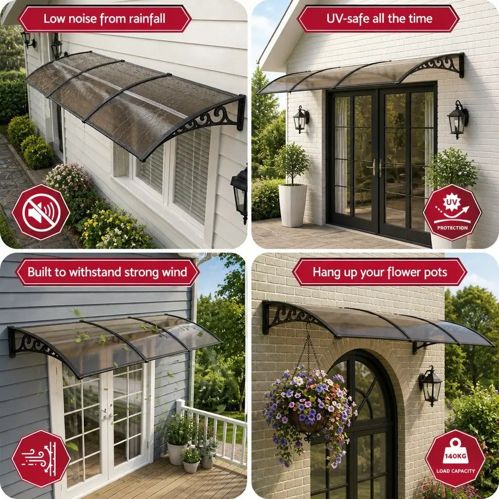 Window Door Awning for Home Office 0.8m x 3m Brown PC Panel Polycarbonate Canopy