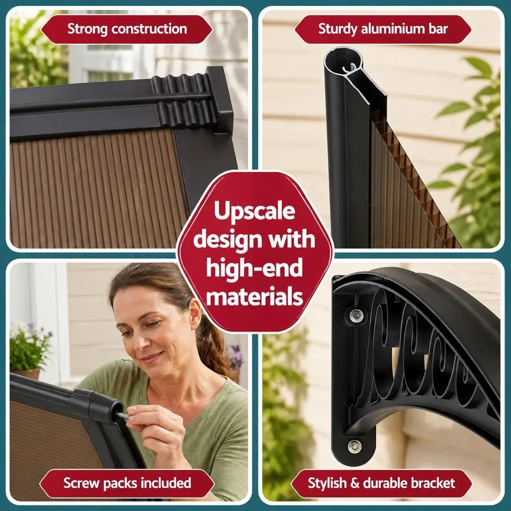 Window Door Awning for Home Office 0.8m x 3m Brown PC Panel Polycarbonate Canopy