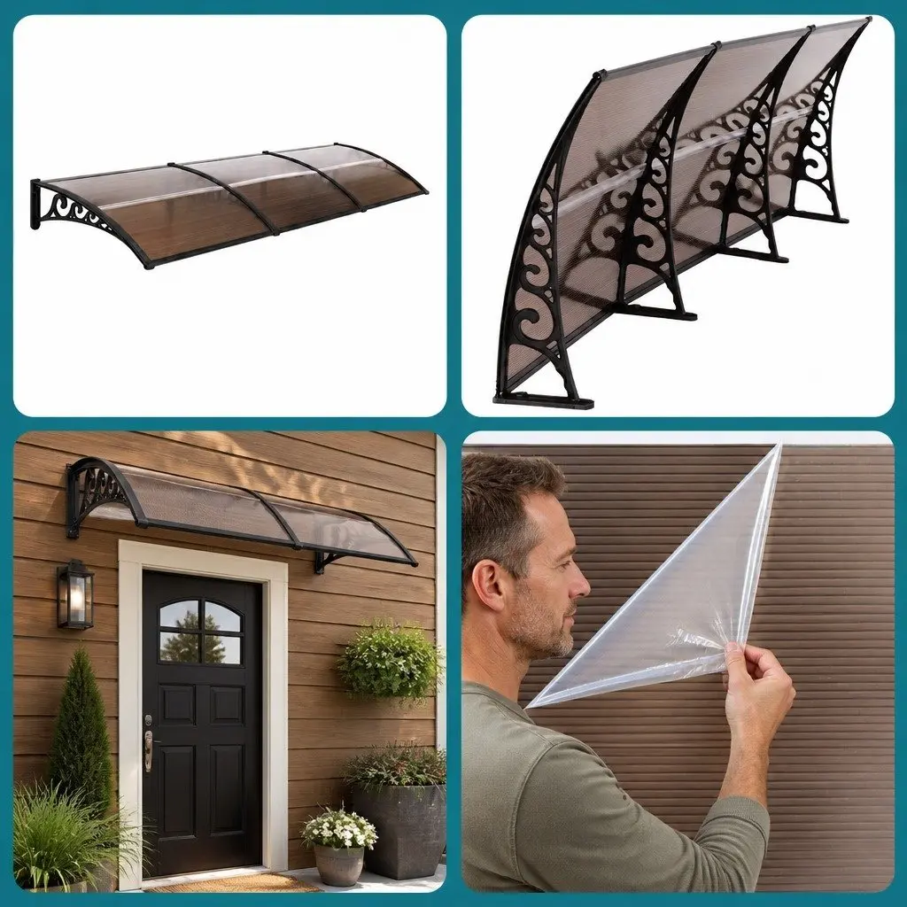 Window Door Awning for Home Office 0.8m x 3m Brown PC Panel Polycarbonate Canopy