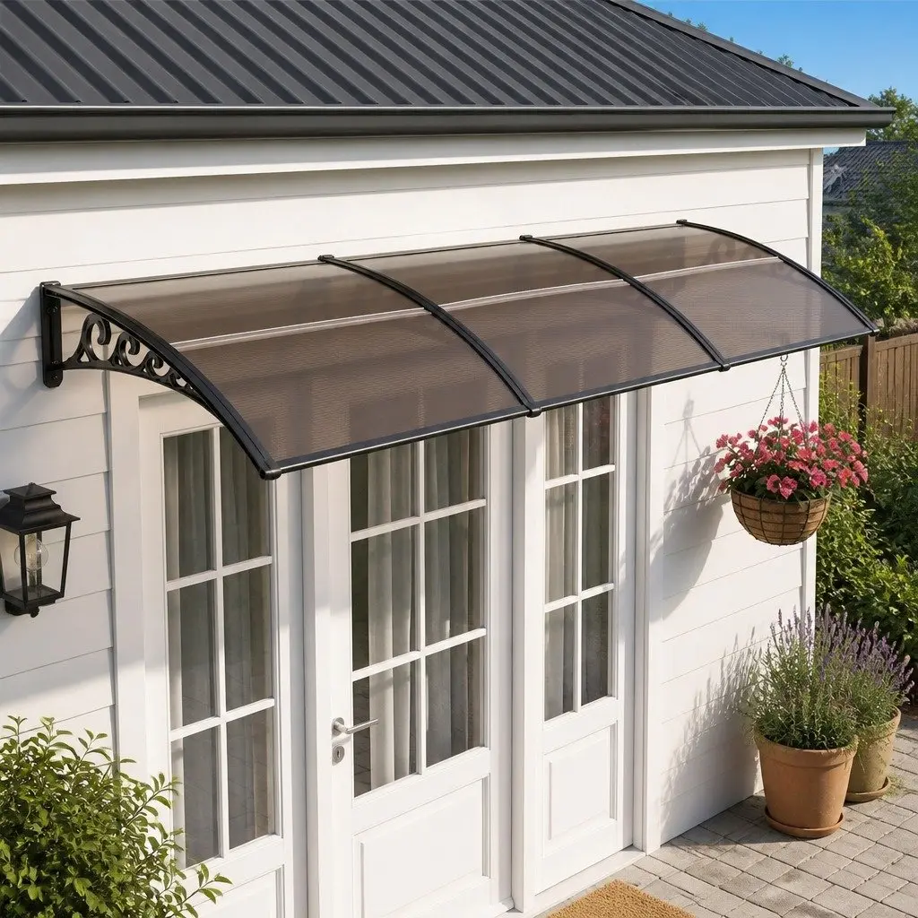 Window Door Awning for Home Office 0.8m x 3m Brown PC Panel Polycarbonate Canopy