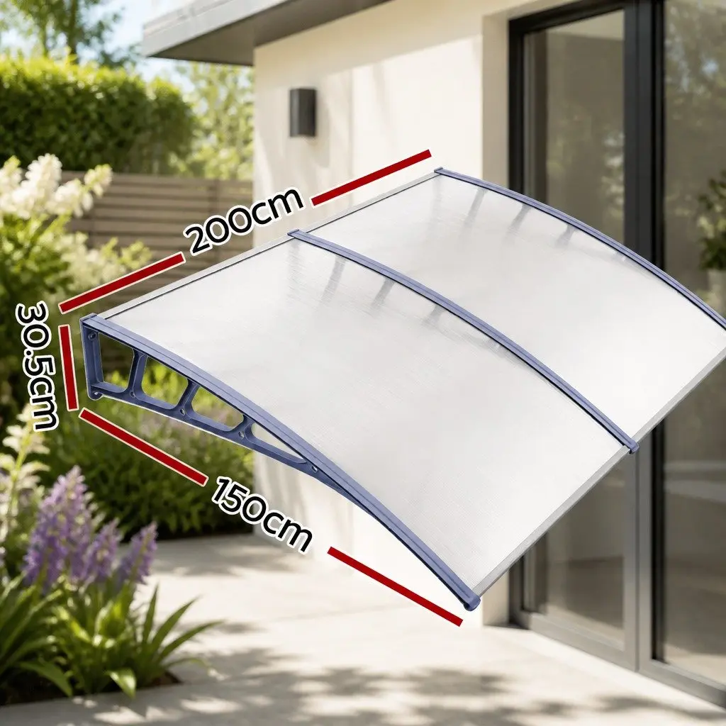 Window Door Awning Canopy 1.5M x 2M Clear Panel Grey Frame DIY Outdoor Shade