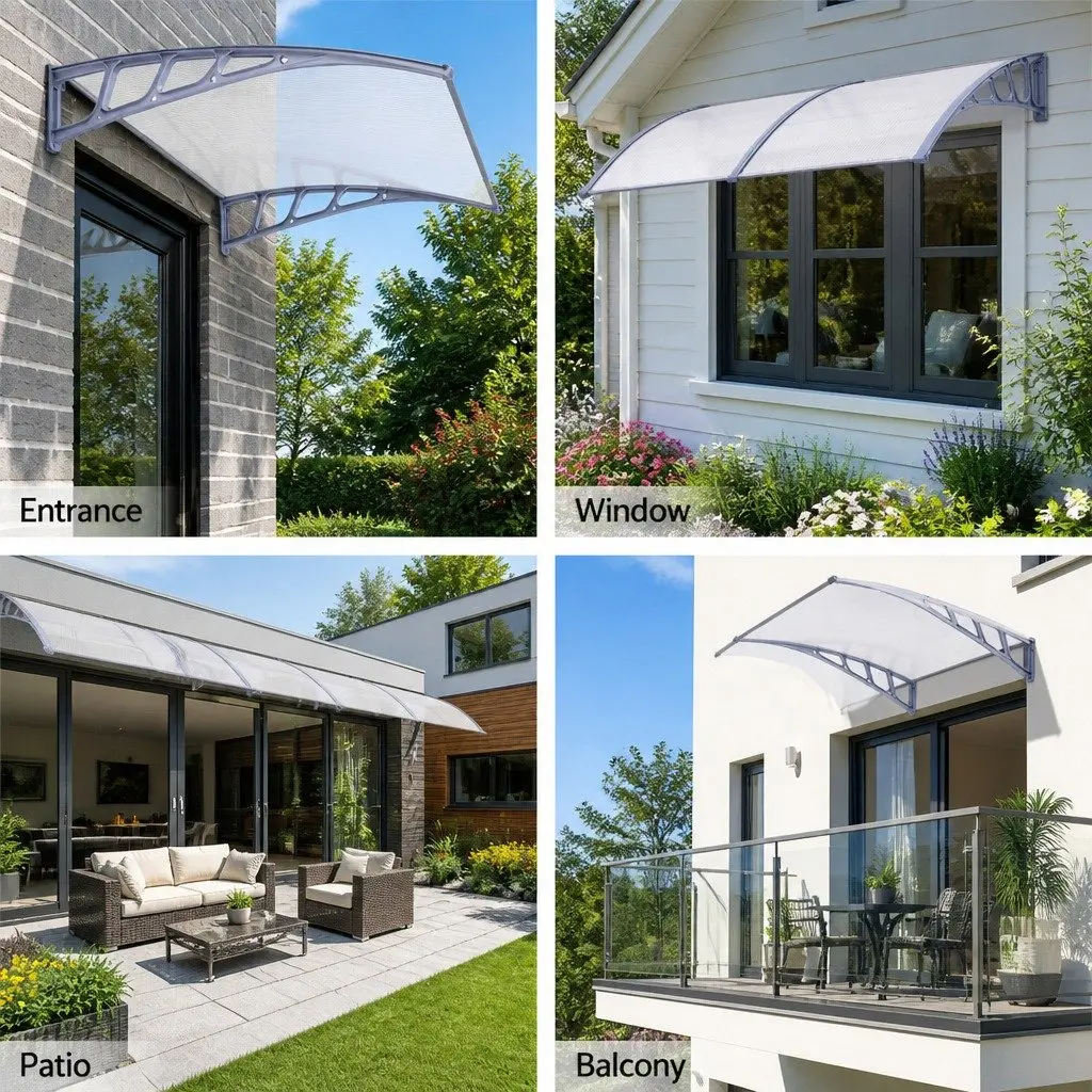 Window Door Awning Canopy 1.5M x 2M Clear Panel Grey Frame DIY Outdoor Shade