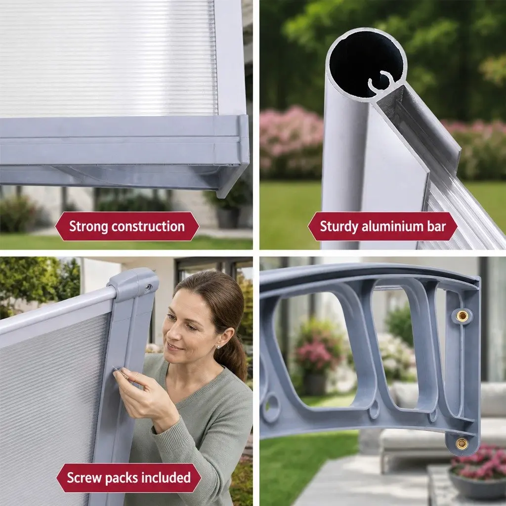 Window Door Awning Canopy 1.5M x 2M Clear Panel Grey Frame DIY Outdoor Shade