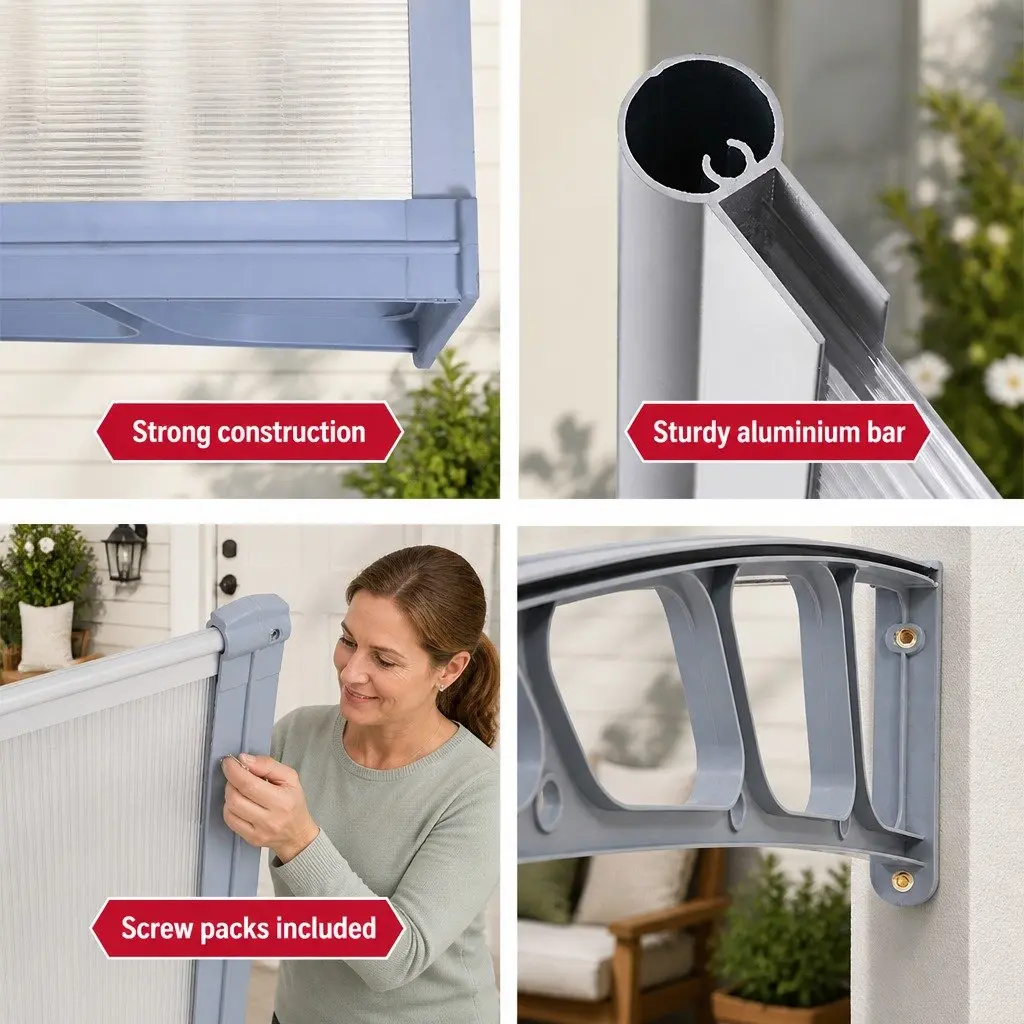 Awning Canopy for Window Door 1.5m x 3m Clear Panel Grey Brackets