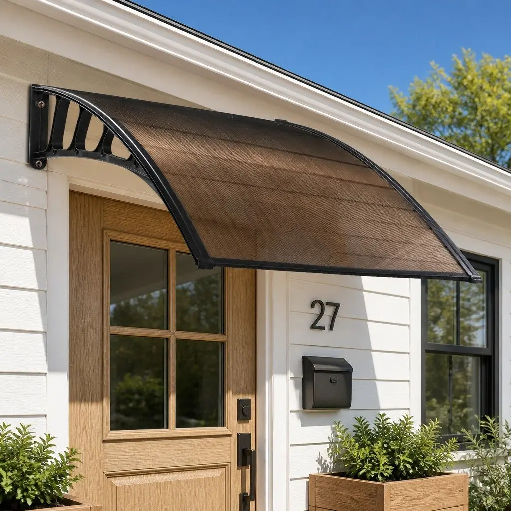Window Door Awning Canopy 1.5M x 3M Brown PC Panel Black Bracket Outdoor Shade