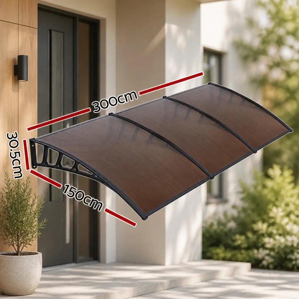 Window Door Awning Canopy 1.5M x 3M Brown PC Panel Black Bracket Outdoor Shade
