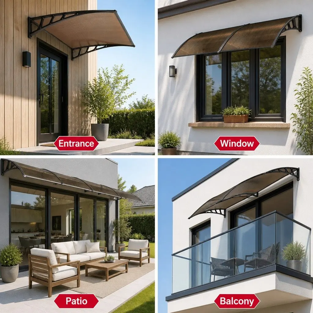 Window Door Awning Canopy 1.5M x 3M Brown PC Panel Black Bracket Outdoor Shade