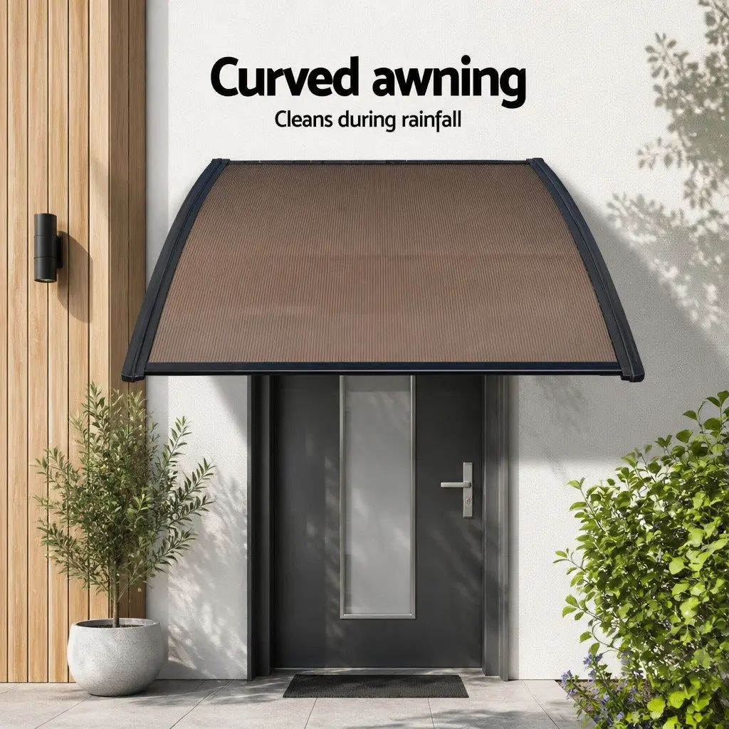 Window Door Awning Canopy 1.5M x 3M Brown PC Panel Black Bracket Outdoor Shade