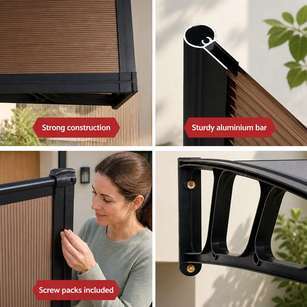 Window Door Awning Canopy 1.5M x 3M Brown PC Panel Black Bracket Outdoor Shade
