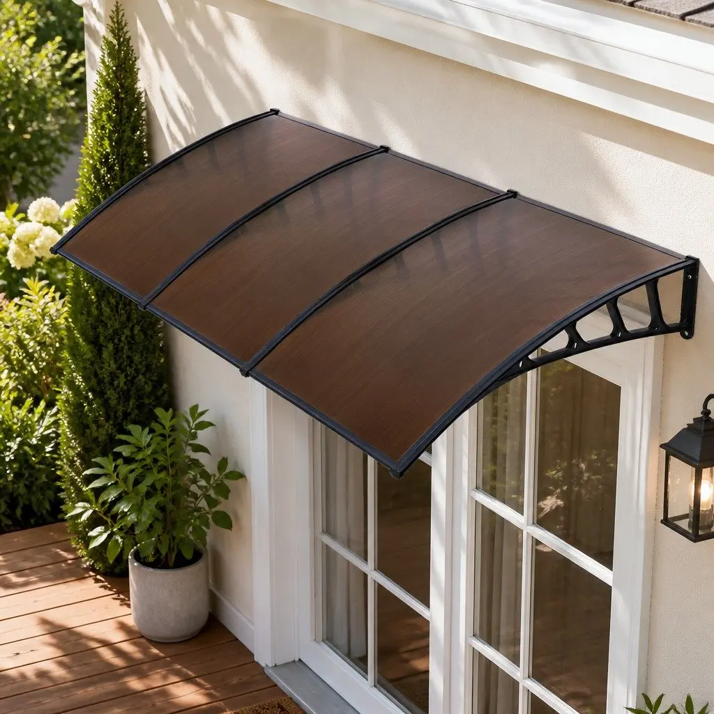 Window Door Awning Canopy 1.5M x 3M Brown PC Panel Black Bracket Outdoor Shade