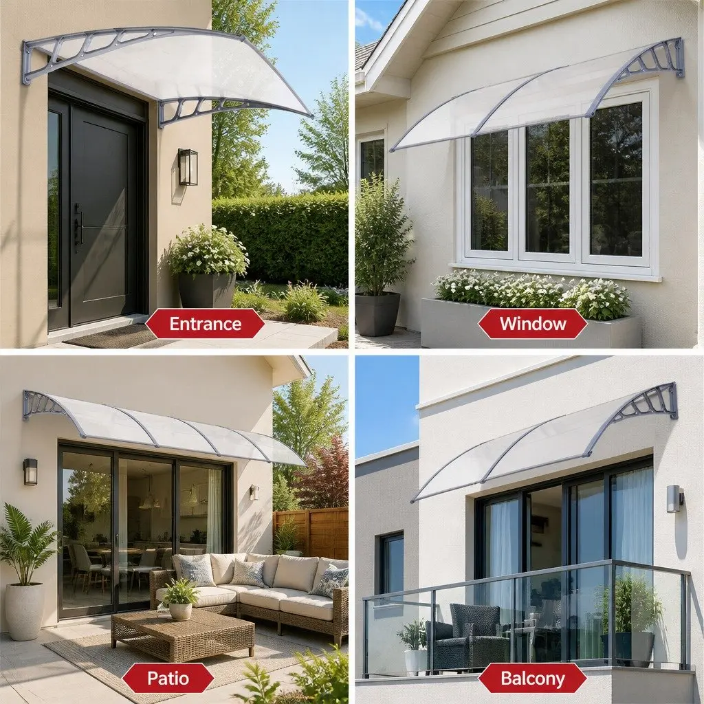 Awning Canopy for Door and Window 1.5m x 4m Clear Panel with Grey Brackets Polycarbonate