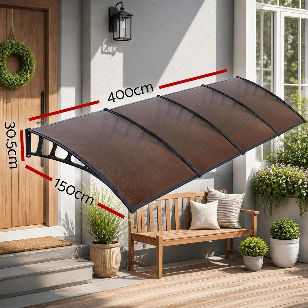 Awning Canopy Outdoor Shade 1.5m x 4m Brown Panel Black Frame for Window and Door Applications