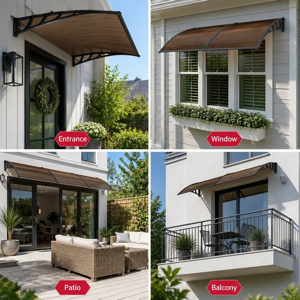 Awning Canopy Outdoor Shade 1.5m x 4m Brown Panel Black Frame for Window and Door Applications