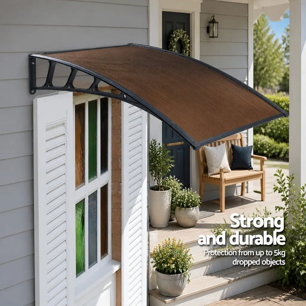 Awning Canopy Outdoor Shade 1.5m x 4m Brown Panel Black Frame for Window and Door Applications