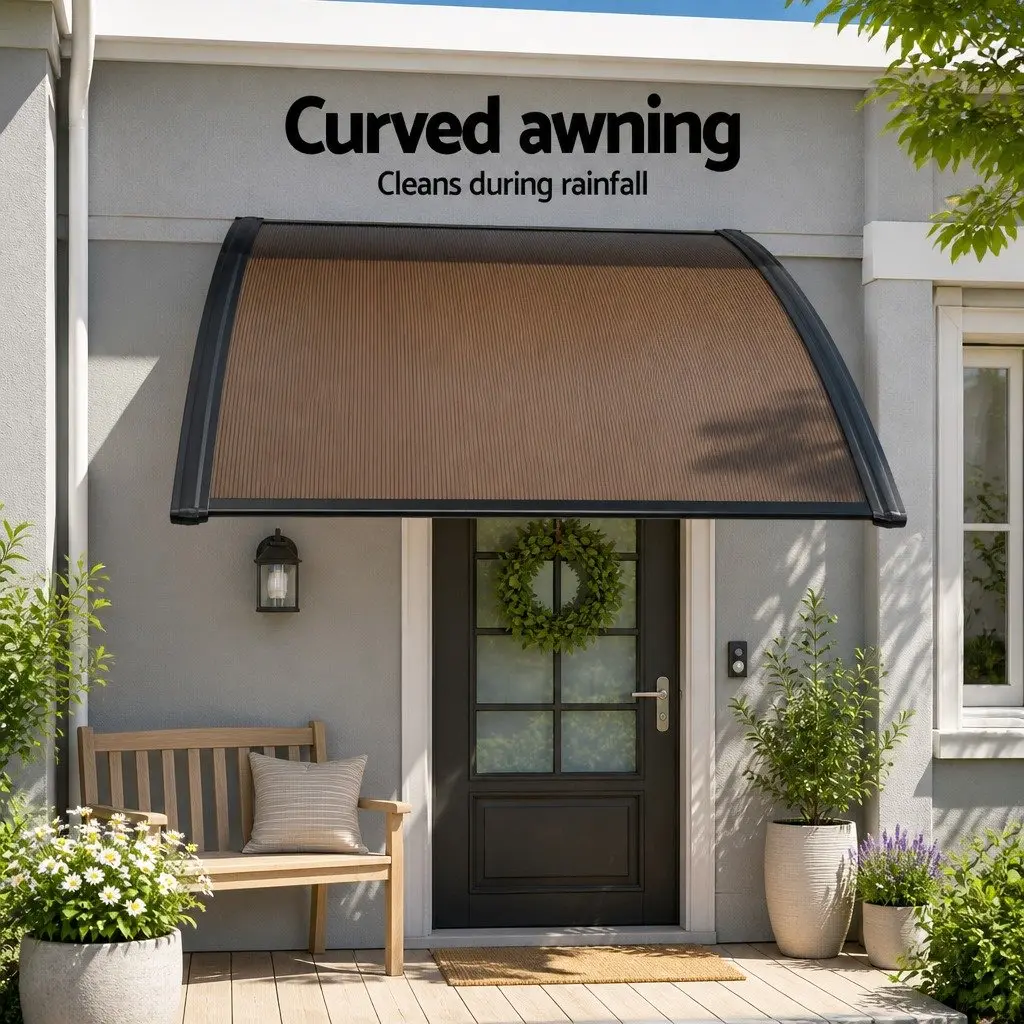 Awning Canopy Outdoor Shade 1.5m x 4m Brown Panel Black Frame for Window and Door Applications