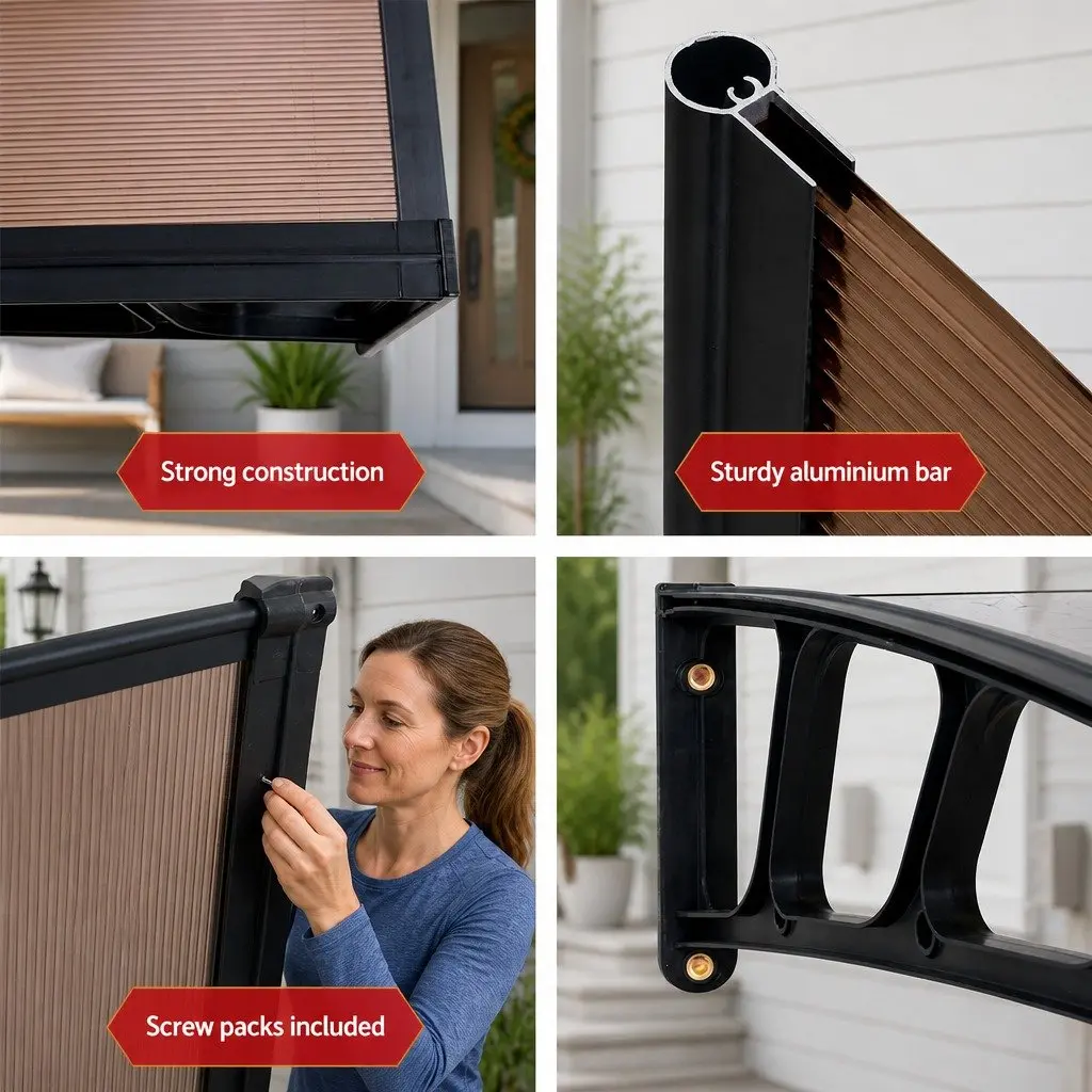 Awning Canopy Outdoor Shade 1.5m x 4m Brown Panel Black Frame for Window and Door Applications