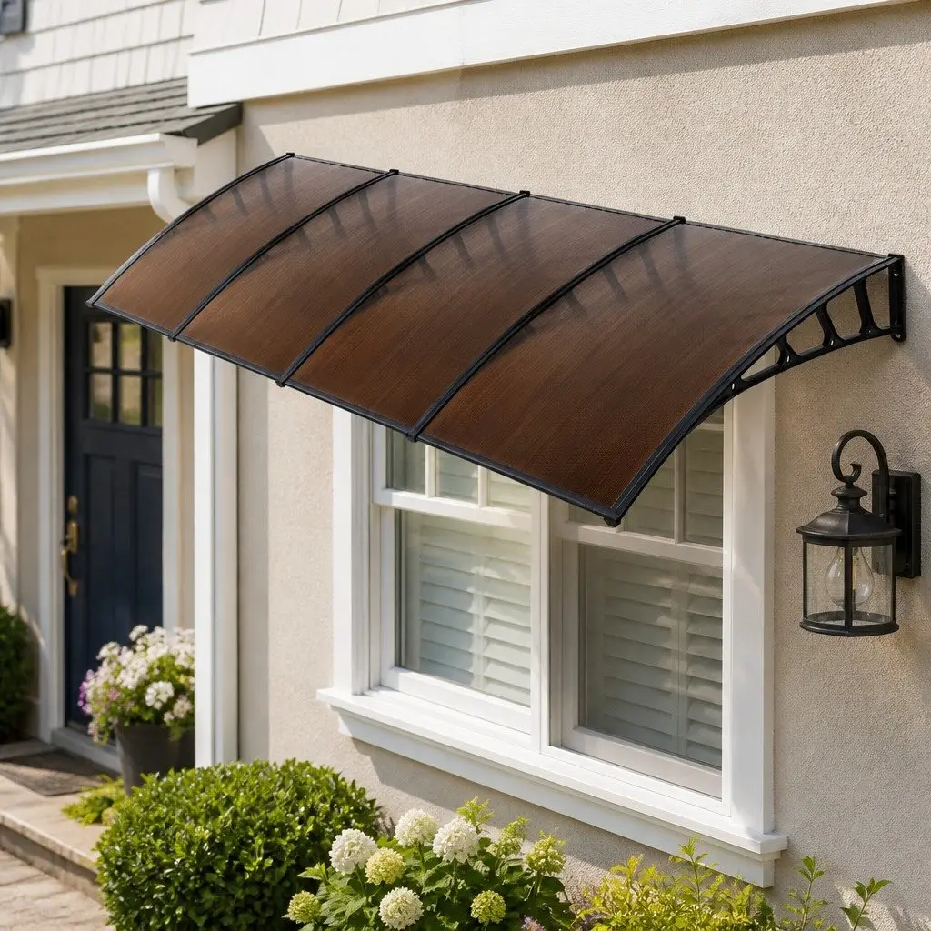 Awning Canopy Outdoor Shade 1.5m x 4m Brown Panel Black Frame for Window and Door Applications