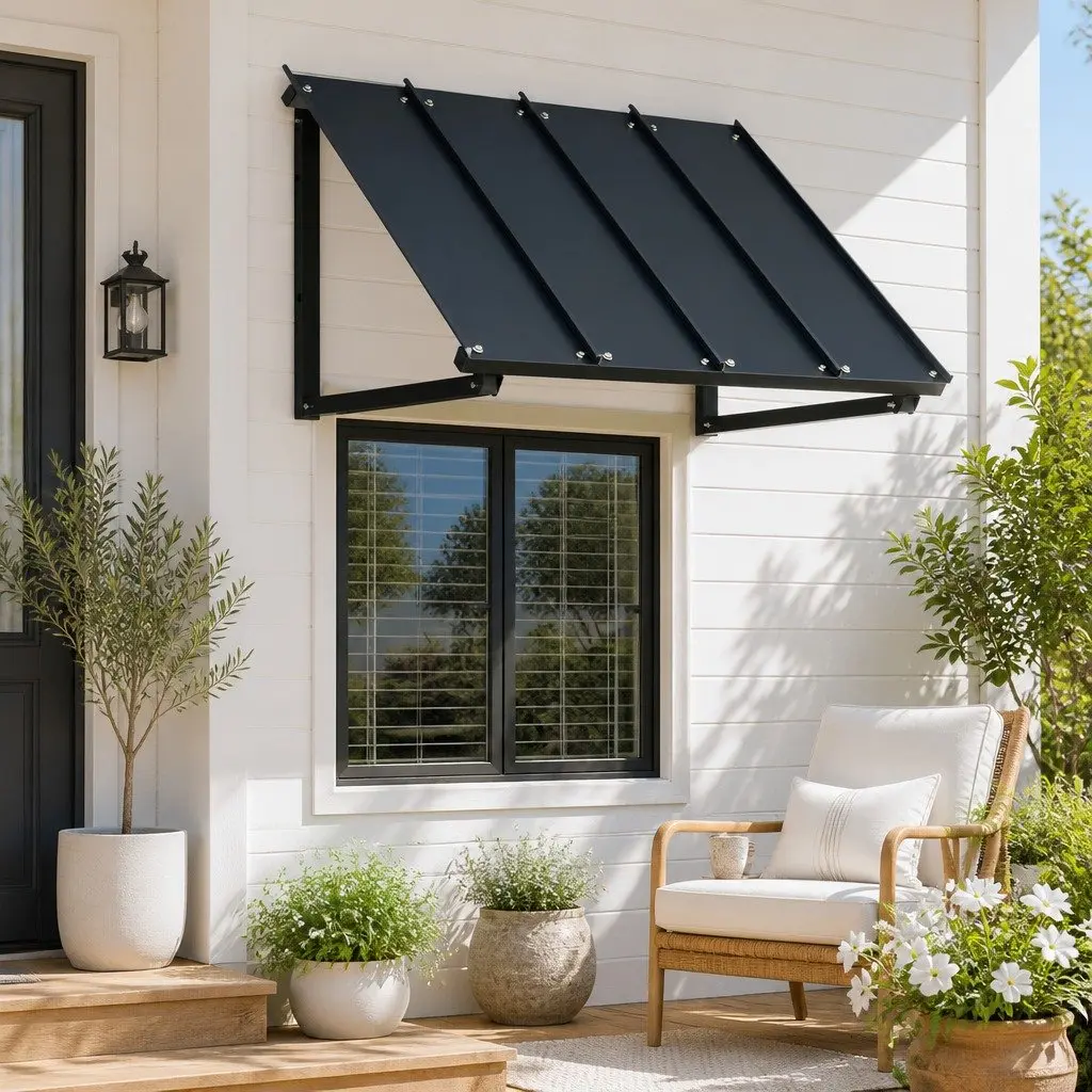 Awning Canopy for Window and Door 1m x 1.2m Black Metal Frame Shade Shelter