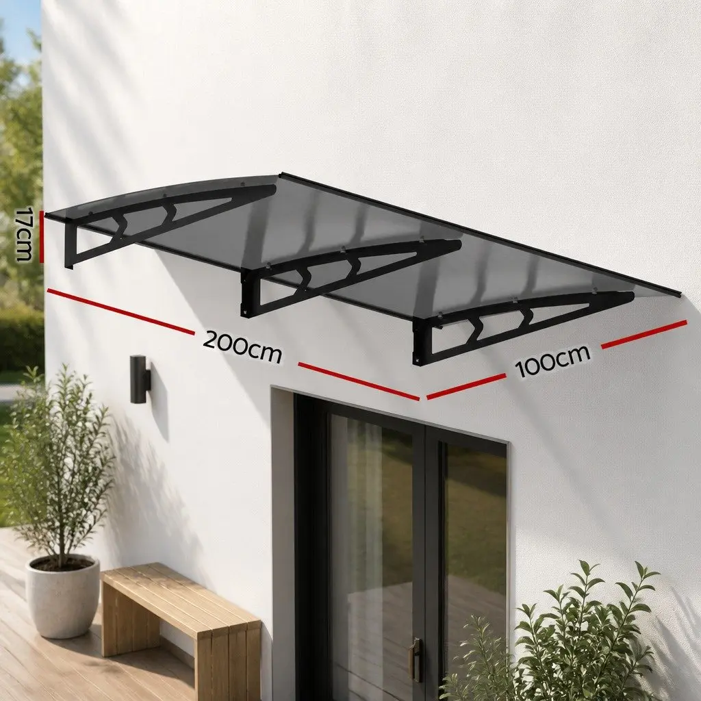 Awning Canopy for Window and Door 1m x 2m Grey Polycarbonate Panel Metal Frame