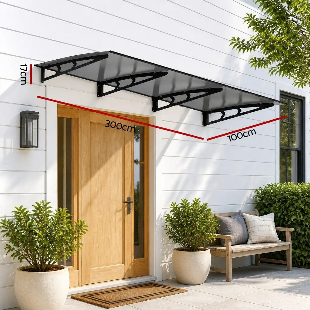 1m x 3m Grey Polycarbonate Awning Canopy with Metal Brackets