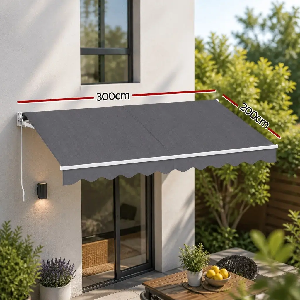 Folding Arm Awning Manual Sunshade for Patio Garden 3M X 2M Grey