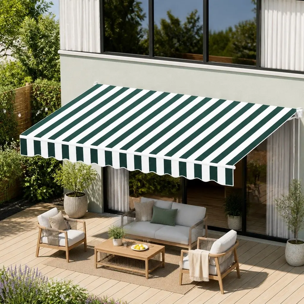 Folding Arm Awning for Patio Garden 3m x 2.5m Green White