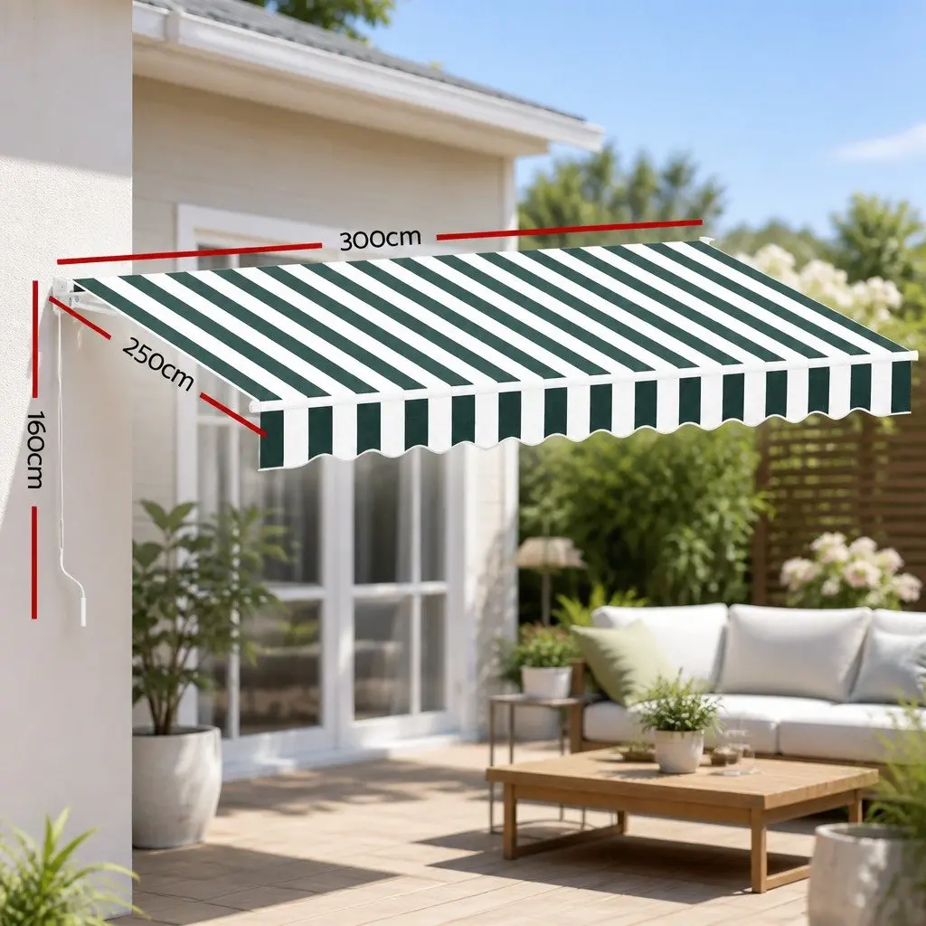 Folding Arm Awning for Patio Garden 3m x 2.5m Green White
