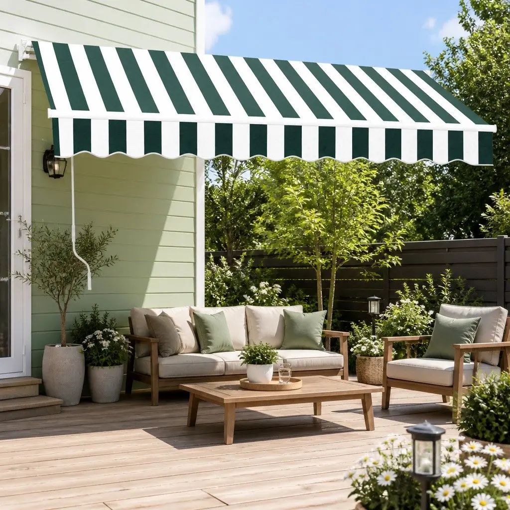 Folding Arm Awning for Patio Garden 3m x 2.5m Green White