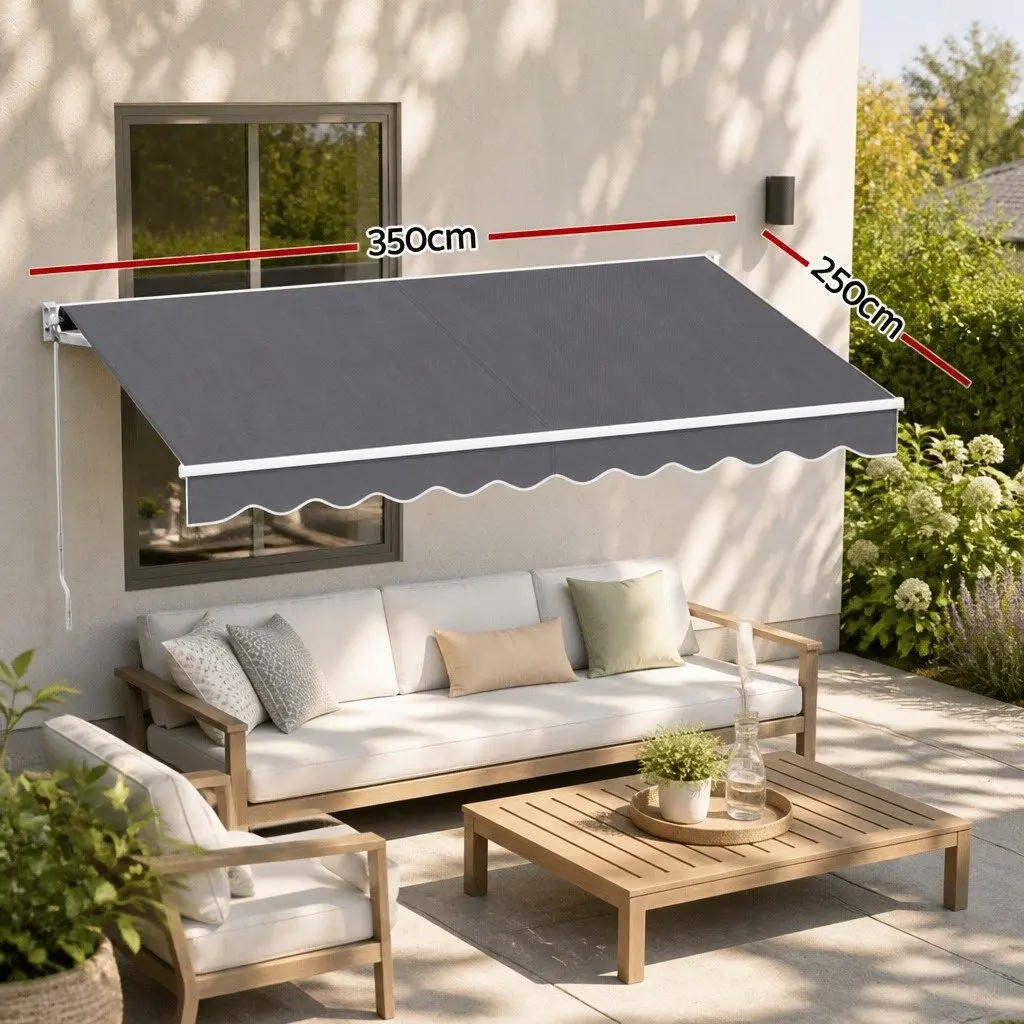 Folding Arm Awning Manual Retractable Sunshade 3.5M x 2.5M Garden Patio Grey
