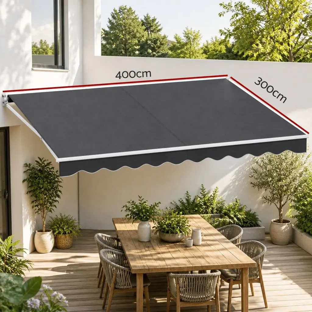 Retractable Folding Arm Awning Manual 4m x 3m Sunshade Garden Patio Grey