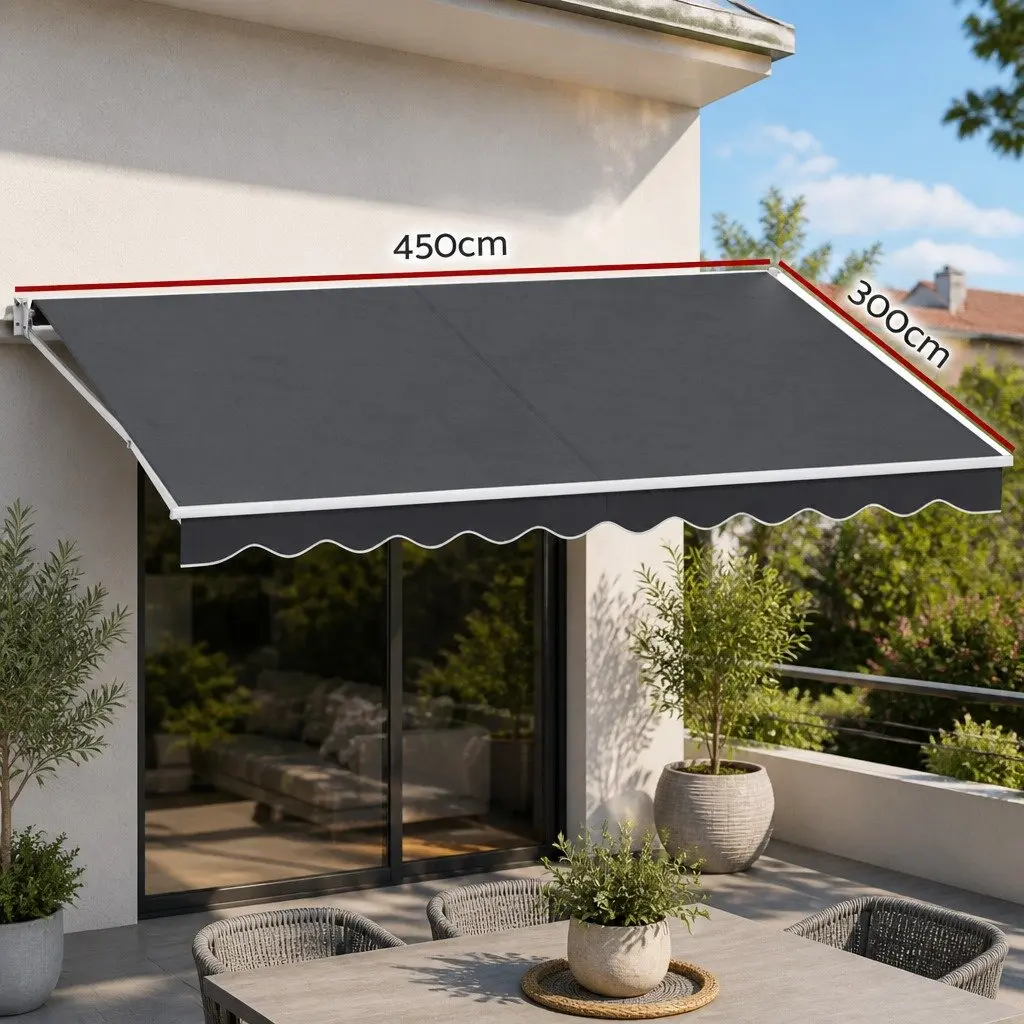 Folding Arm Awning Manual Retractable Sunshade 4.5m x 3m Patio Garden Grey
