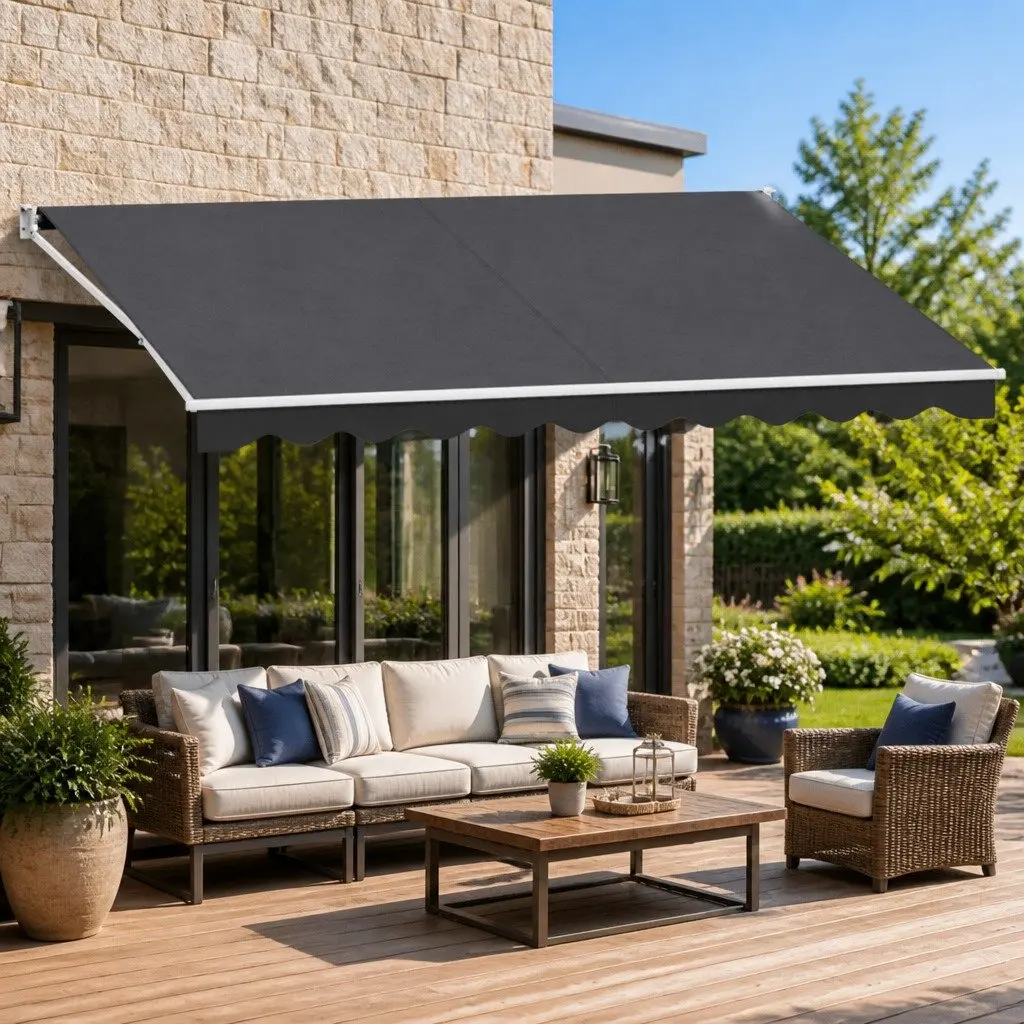 Folding Arm Awning Manual Retractable Sunshade 4.5m x 3m Patio Garden Grey