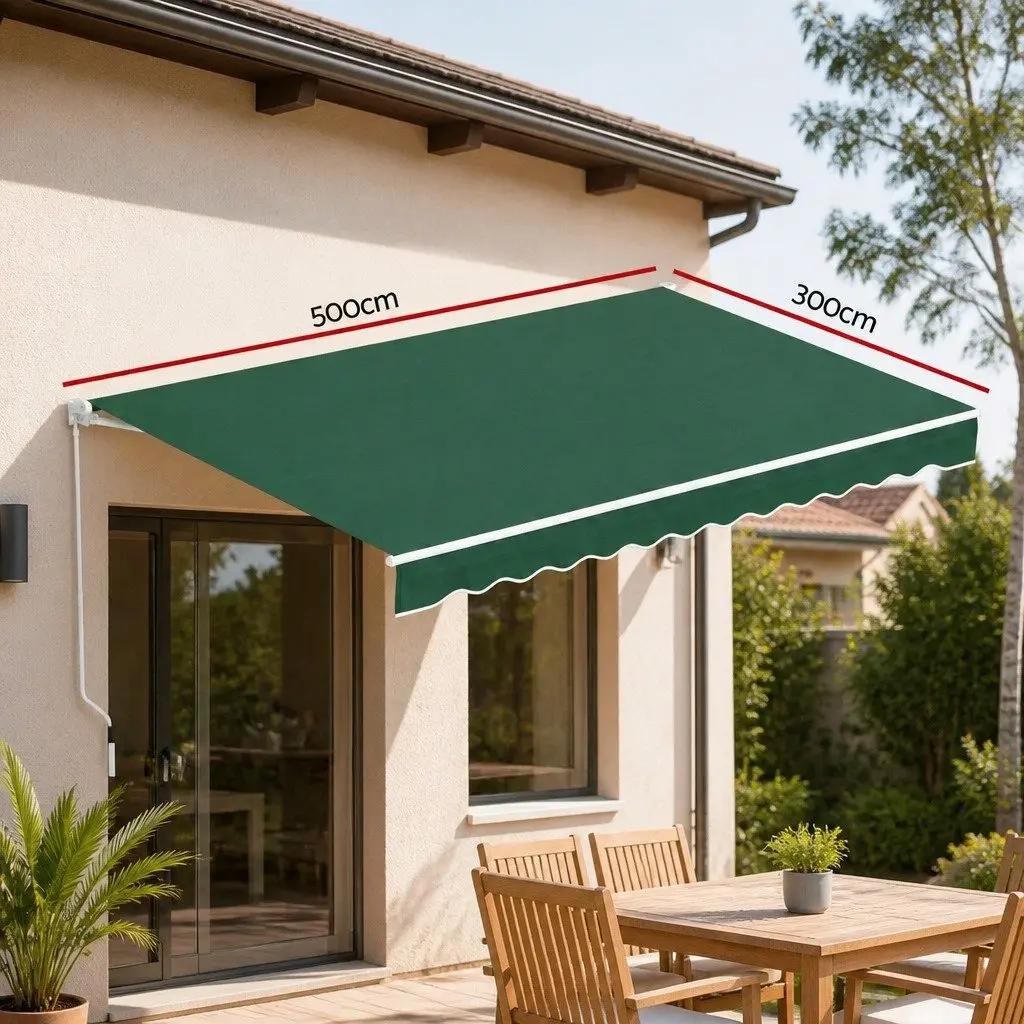 Folding Arm Awning Outdoor Sunshade 5m x 3m Dark Green