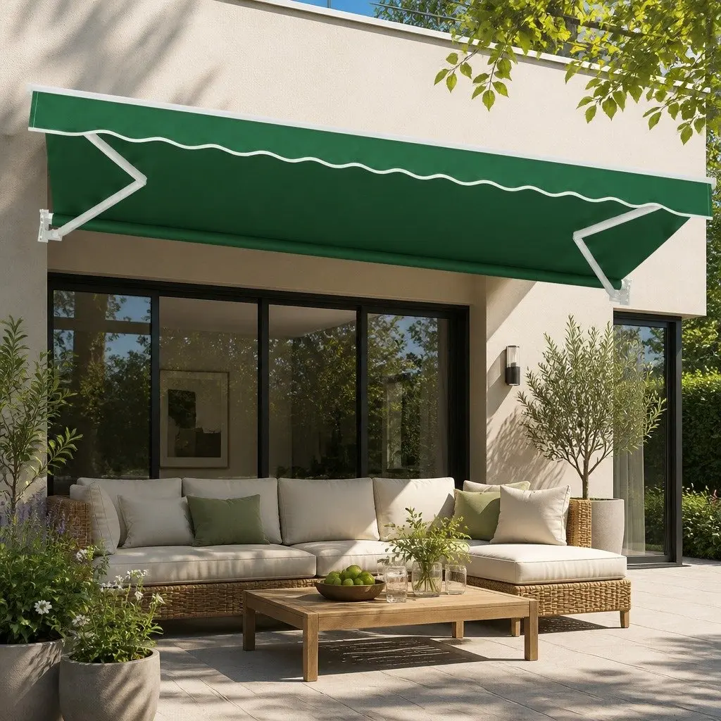 Folding Arm Awning Outdoor Sunshade 5m x 3m Dark Green