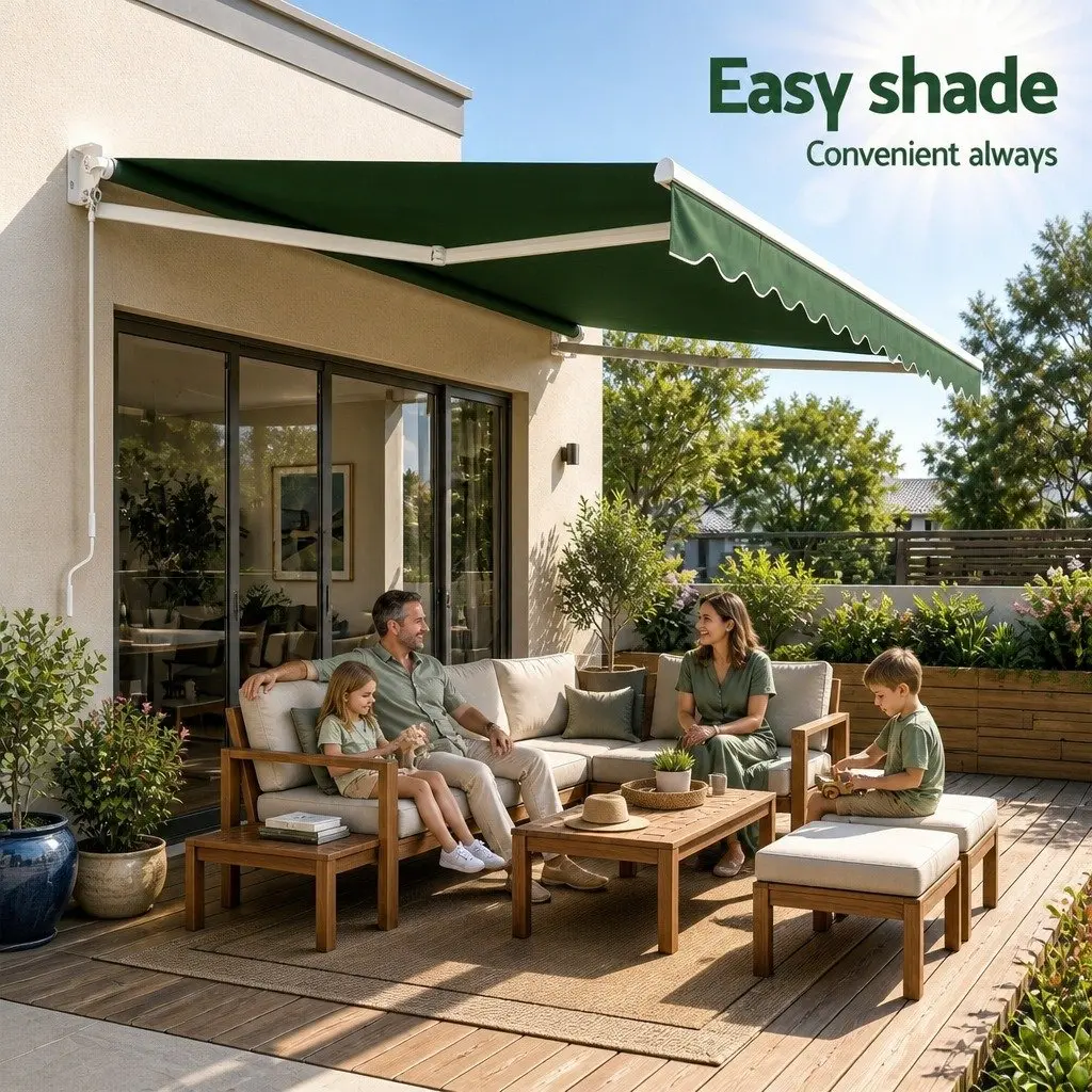 Folding Arm Awning Outdoor Sunshade 5m x 3m Dark Green