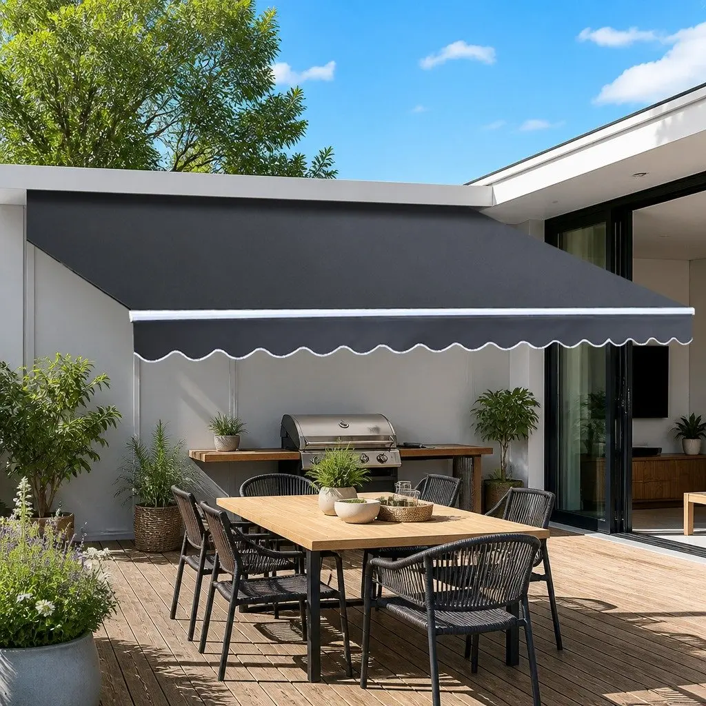 Folding Arm Awning Manual Retractable Sunshade Patio Garden Shade 5m x 3m Grey