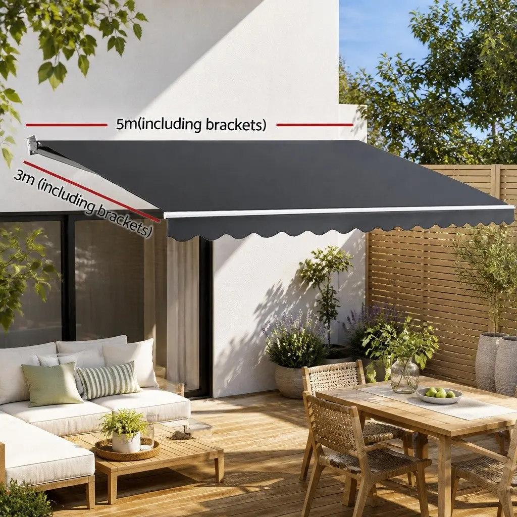 Folding Arm Awning Manual Retractable Sunshade Patio Garden Shade 5m x 3m Grey
