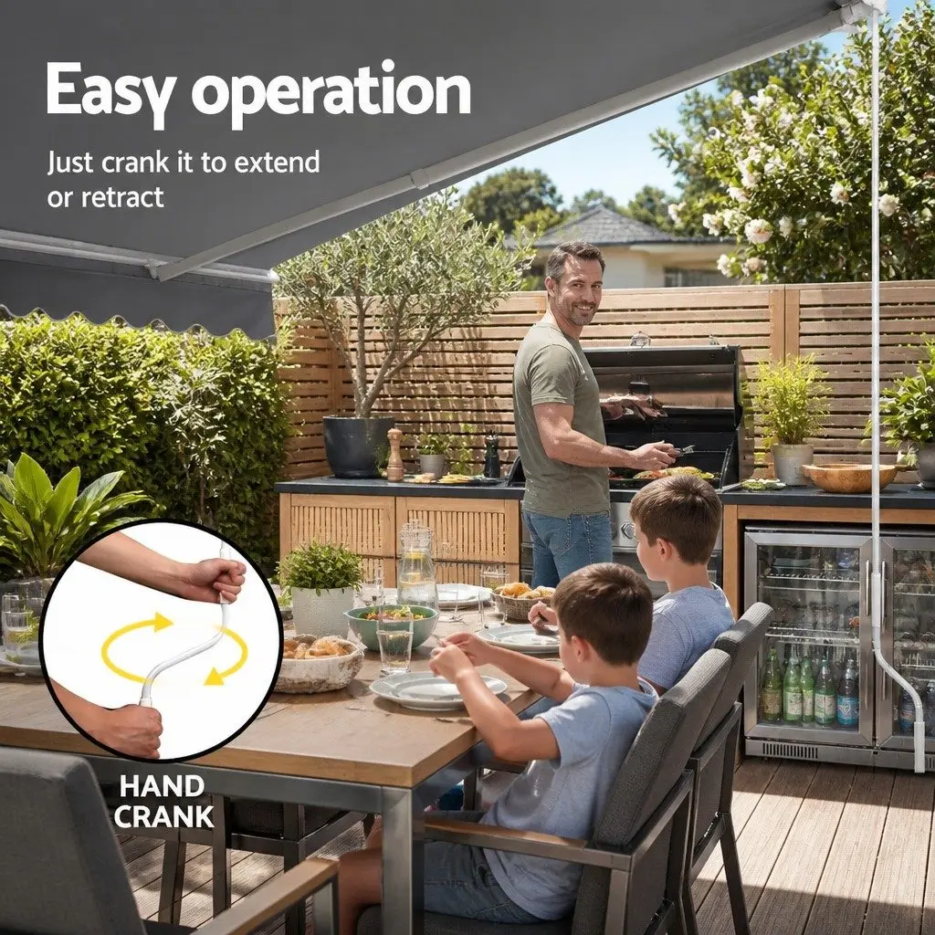 Folding Arm Awning Manual Retractable Sunshade Patio Garden Shade 5m x 3m Grey