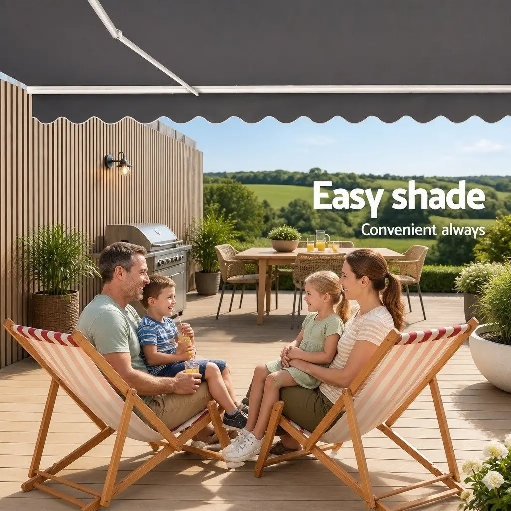 Folding Arm Awning Manual Retractable Sunshade Patio Garden Shade 5m x 3m Grey