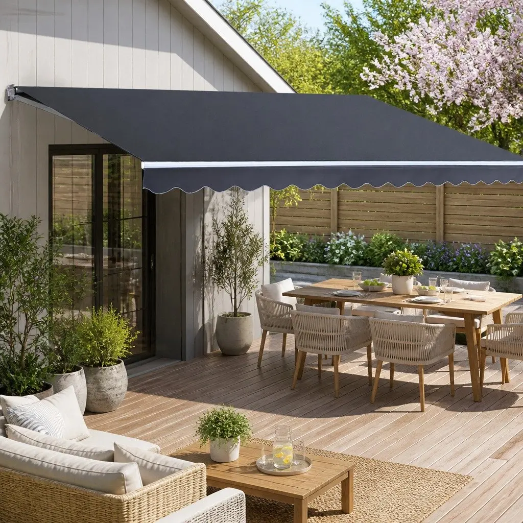 Folding Arm Awning Manual Retractable Sunshade Patio Garden Shade 5m x 3m Grey