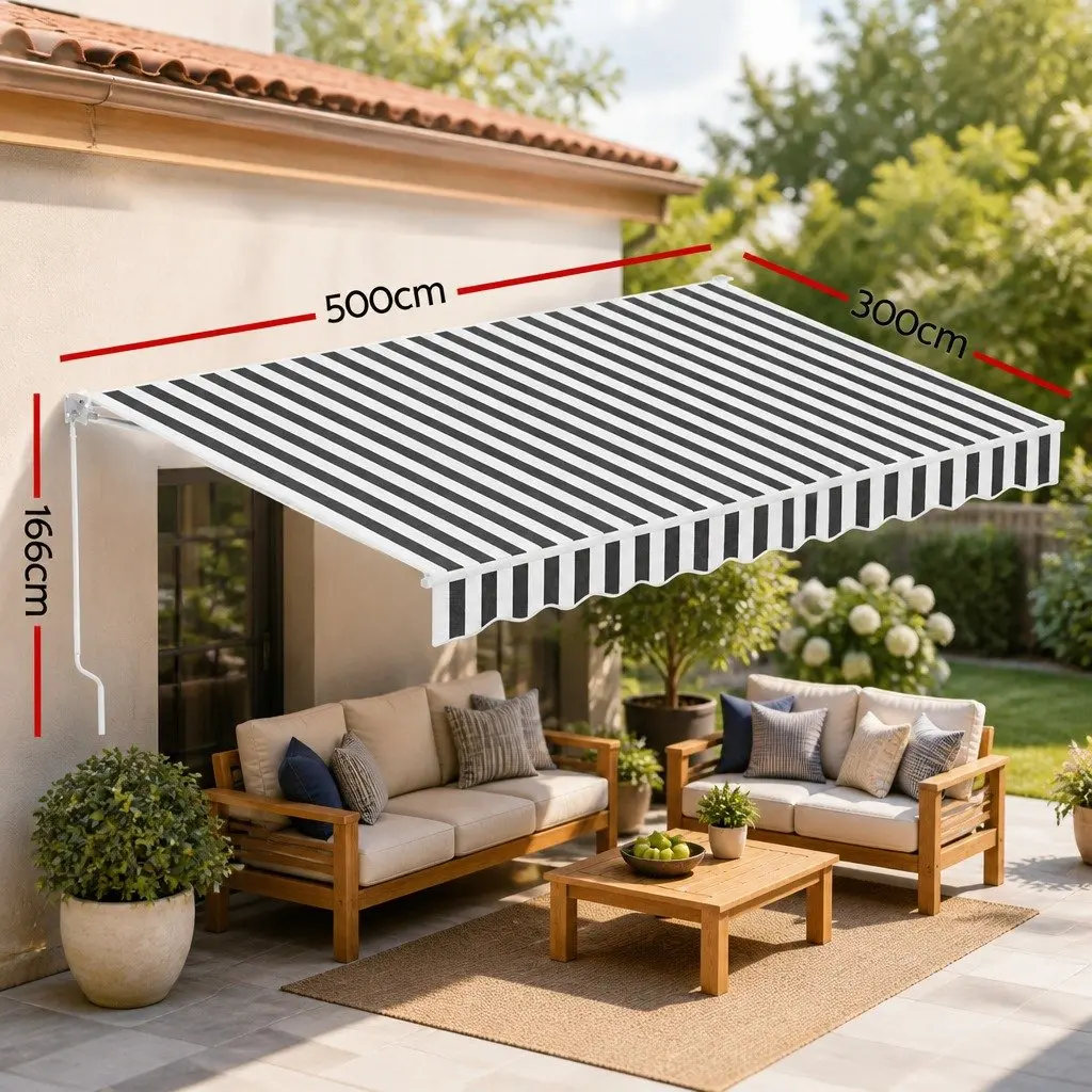 Folding Arm Awning for Patio Garden 5m x 3m Grey White
