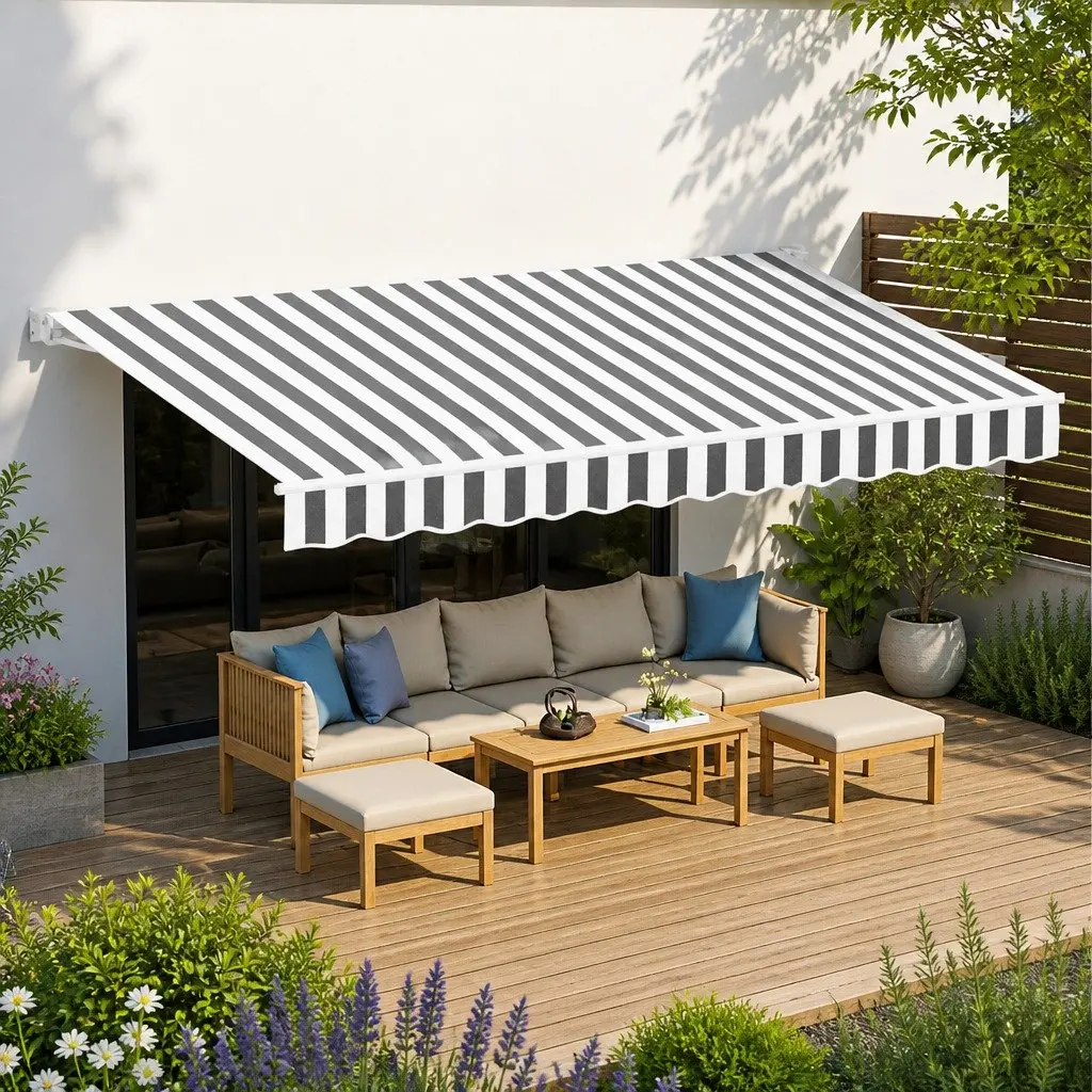 Folding Arm Awning for Patio Garden 5m x 3m Grey White